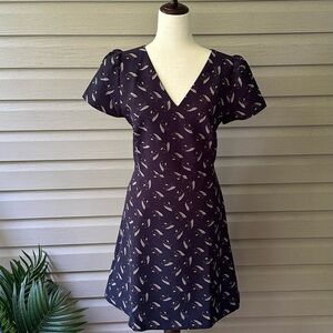 Ann Taylor LOFT Blue Navy Leaf Print Fit Flare Skater Dress Size 8 NWOT
